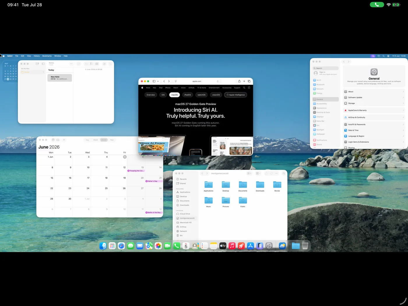 A whole Mac desktop mirrored onto an iPad, shrunk and letterboxed between black bars