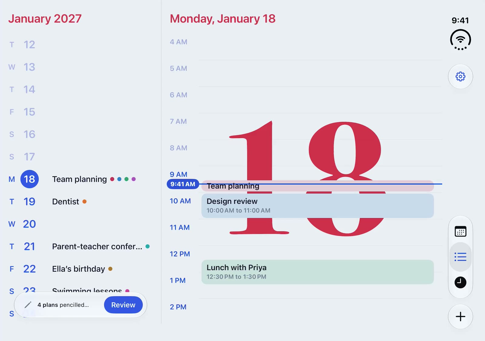 Calendaria on iPhone Duo: the days of January beside the hours of Monday the 18th