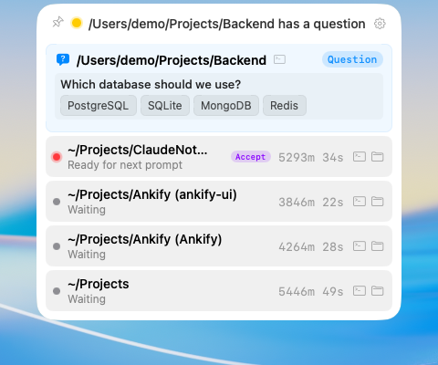 AgentGlance overlay listing running coding agents, one asking a question